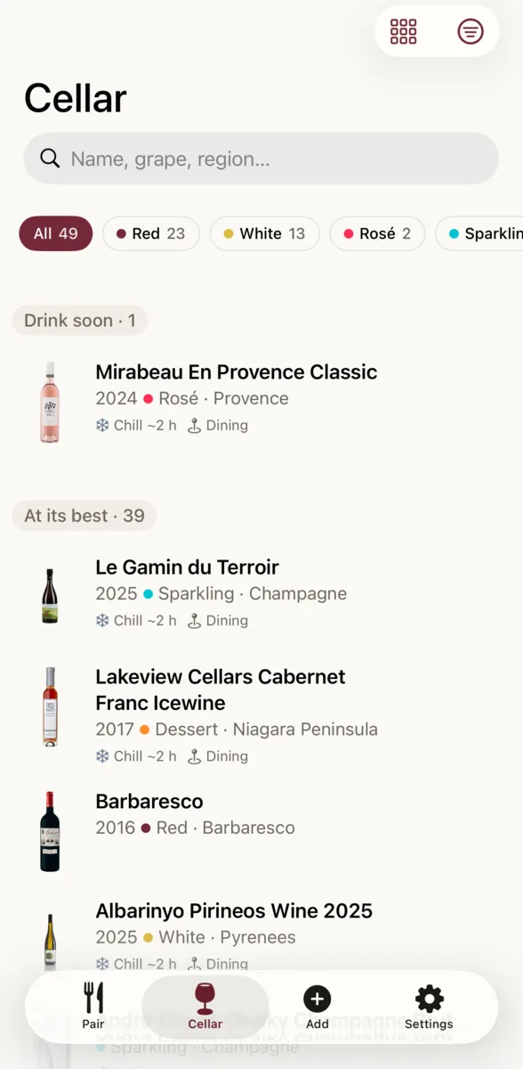 The cellar list grouped into drink soon and at its best, with type filters and counts