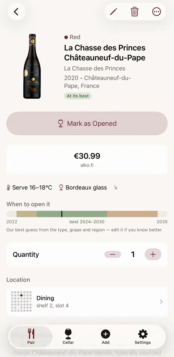 A bottle's page in CruSense: an At its best label and a When to open it timeline, best 2024 to 2030