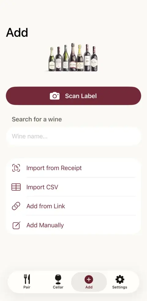 Ways to add a bottle: scan the label, search, import, or add from a link