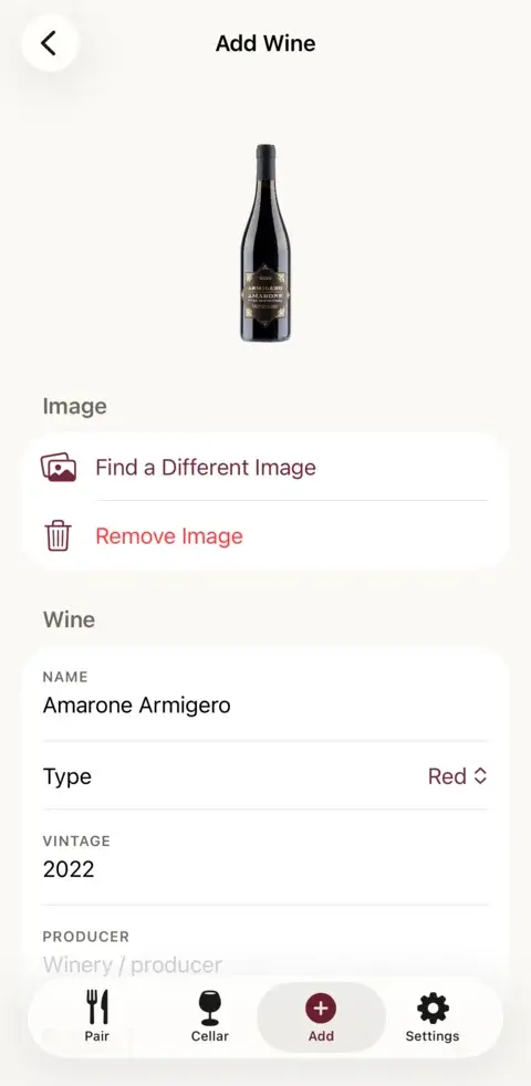 A new bottle with details and photo filled in automatically from the web