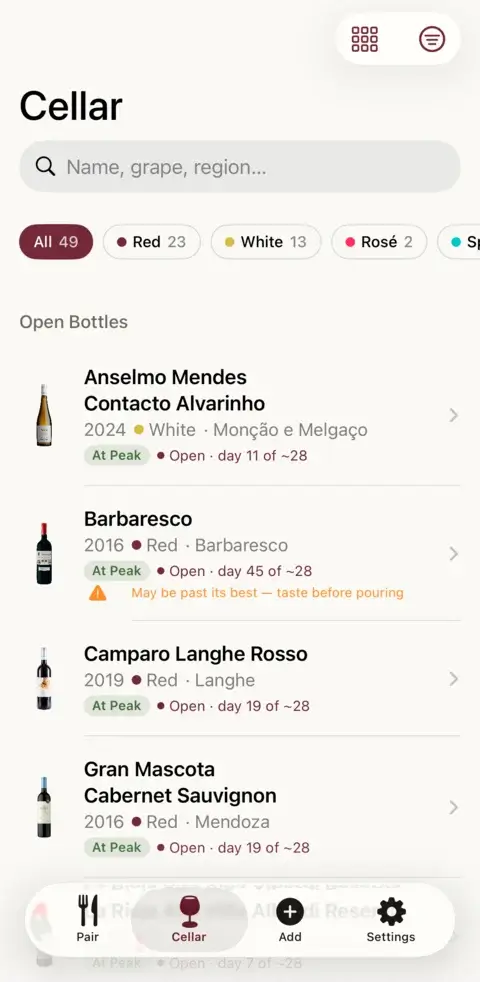 The cellar list with type filters, counts, and open-bottle freshness