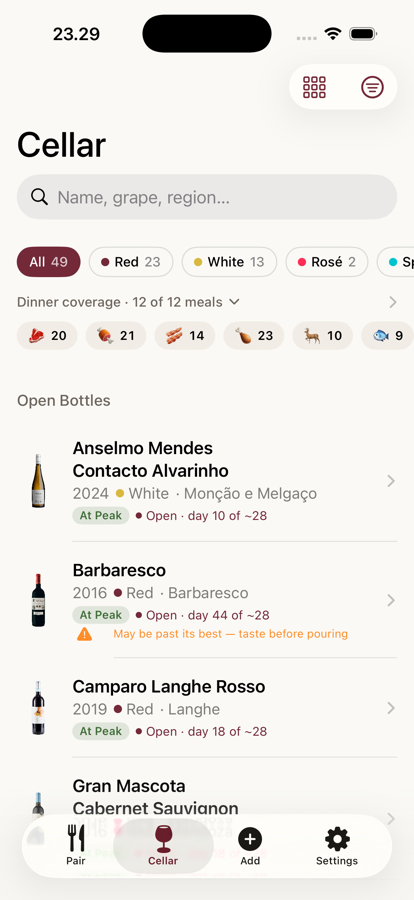 The cellar screen with dinner coverage and open bottles