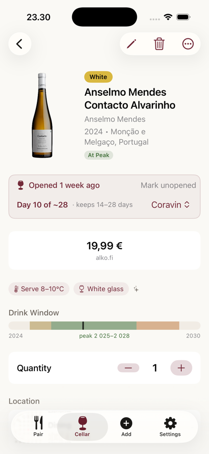 A bottle detail screen with drink window and serving guidance