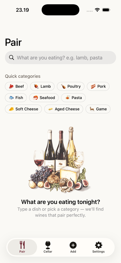 The Pair screen with quick food categories