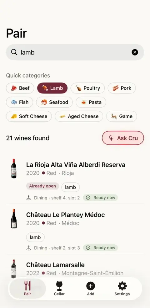 Pairing results, showing ranked bottles from your own cellar