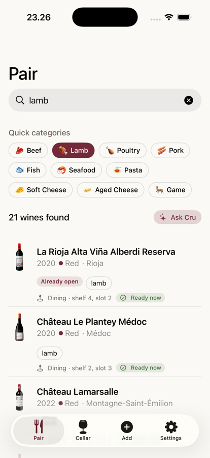 Pairing results for lamb, showing ranked bottles from your cellar
