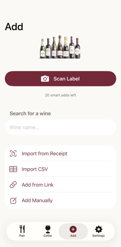 Ways to add a bottle: scan the label, search for a wine, import a receipt or CSV, add from a link, or add it by hand