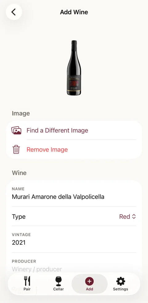 A new bottle with details and photo filled in automatically from the web