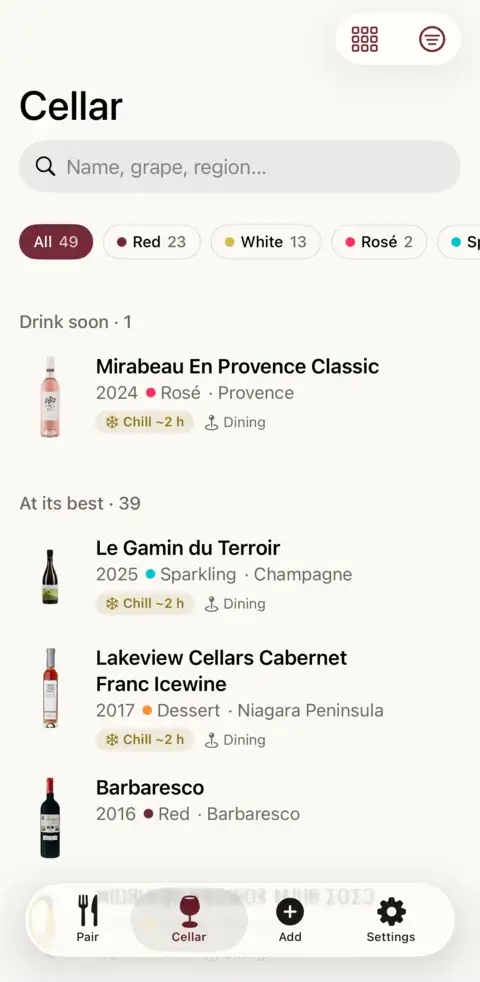 The cellar list with type filters and counts, grouped into drink soon and at its best
