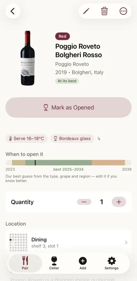 A bottle page for a Bolgheri Rosso: at its best, serve at 16&ndash;18&nbsp;&deg;C in a Bordeaux glass, its drinking window drawn as a bar and its slot on the rack map