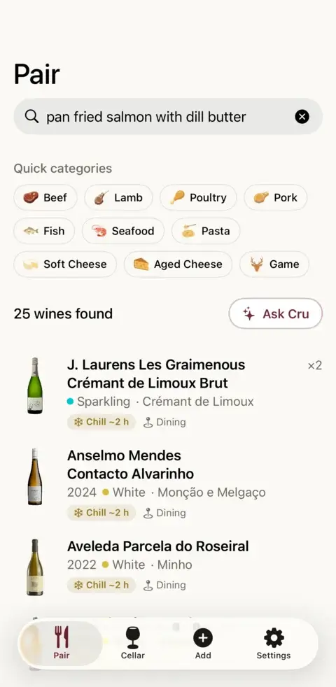 Pairing results for pan-fried salmon with dill butter: 25 wines from your own cellar, ranked, with Ask Cru one tap away