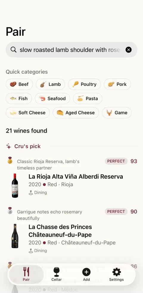 Ask Cru's ranked picks for slow roasted lamb shoulder, each with a reason