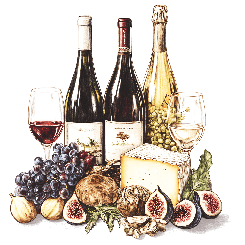 An illustration of wine bottles and glasses with cheese, figs and grapes